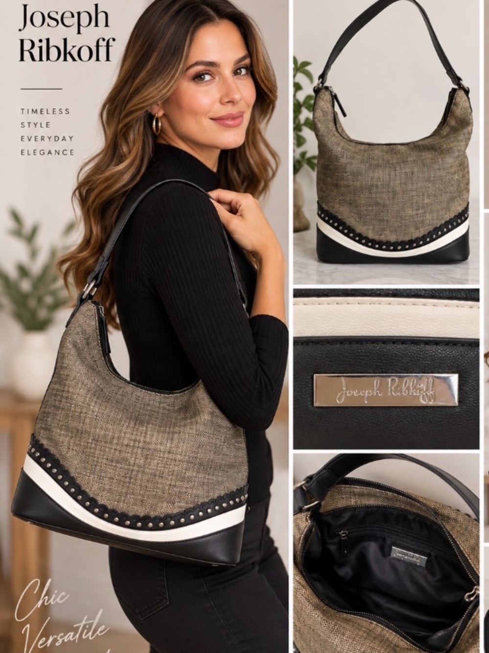 Joseph Ribkoff Black, Brown & White Hobo Shoulder Bag